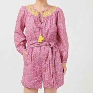 J. Crew Embroidered Romper in Pink Vines Block Print *Missing Sash